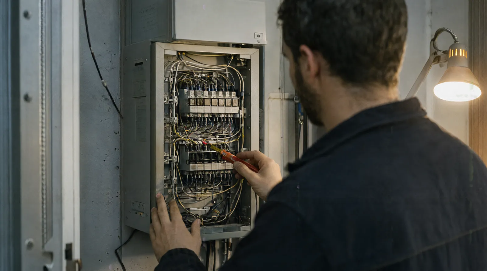Elektriker arbeitet an einem geöffneten Verteilerkasten